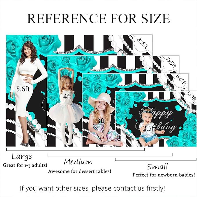 Mocsicka Silver Turquoise Floral Birthday Backdrop for Girl 7x5ft Black and White Stripes Teal Background Quinceanera 15th Birthday Party Decoration (7x5ft (82x60 inch))
