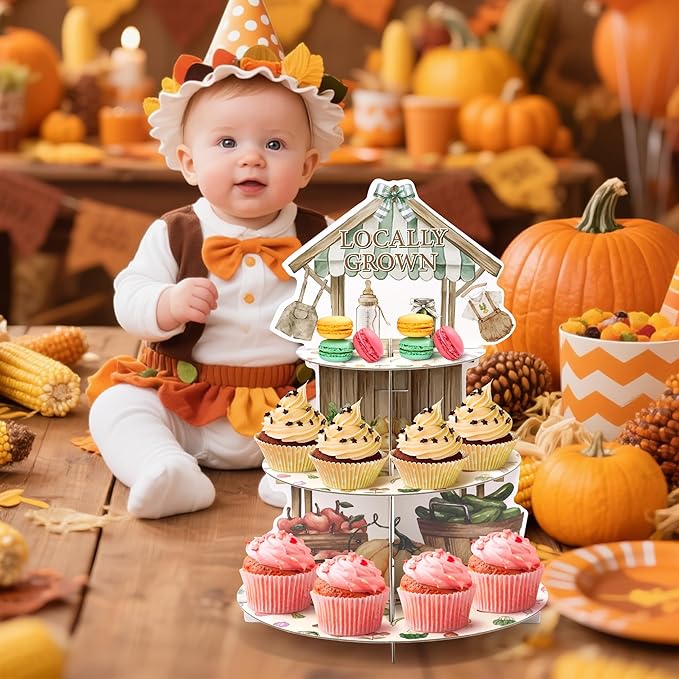 Locally Grown Baby Shower Cupcake Stand - 3 Tier Farmers Market Theme Cupcake Holder Vegetable Fruit Garden Baby Shower Dessert Cake Tower Displays for Kids Birthday Gender Reveal Party Decor