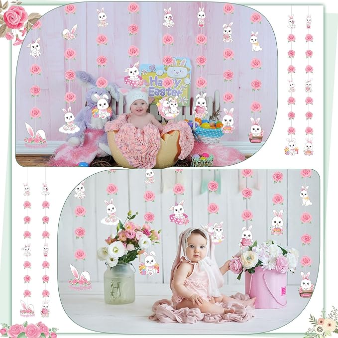 Daifunli 8 Pcs Bunny Birthday Party Decorations Some Bunny is One Birthday Hanging Garlands Banner Pink Rose White Rabbit Paper Cutouts Streamer for Girls Wall Ceiling Decor Rabbit Party Supplies