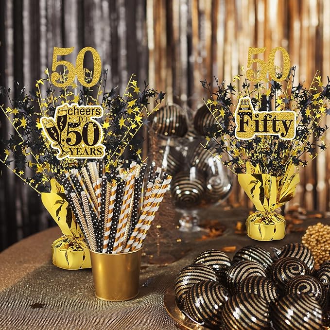 Tatuo 4 Pcs Metallic Foil Spray Centerpiece Happy 30th 40th 50th 60th Years Centerpiece Table Decorations for Black and Gold Birthday Anniversary Wedding Party Table Decor(50th Birthday)