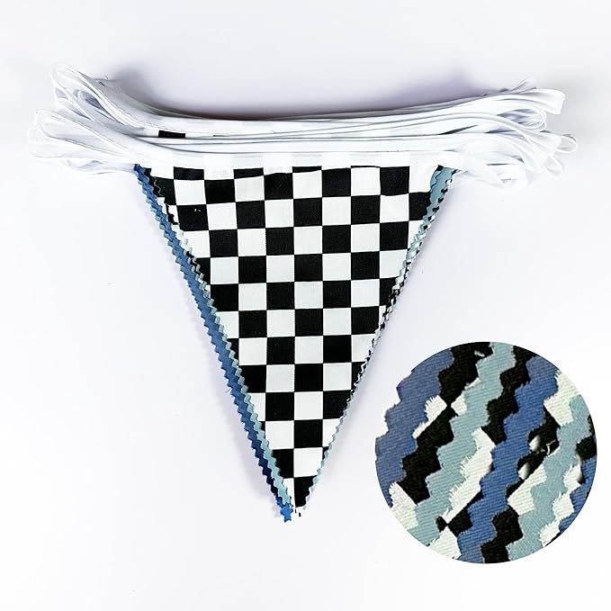 32Ft Racing Party Decorations Dusty Blue Black White Checkered Racing Car Fabric Banner Triangle Flag Pennant Garland Streamers for Boys Race Car Birthday Racetrack Baby Shower NASCAR Picnic Decor