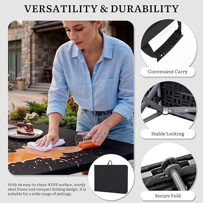 YITAHOME 6ft Folding Tables Heavy Duty Folding Table with Carrying Handle Plastic Fold up Table for Outdoor Camping Picnic Parties/Indoor Events All in Black