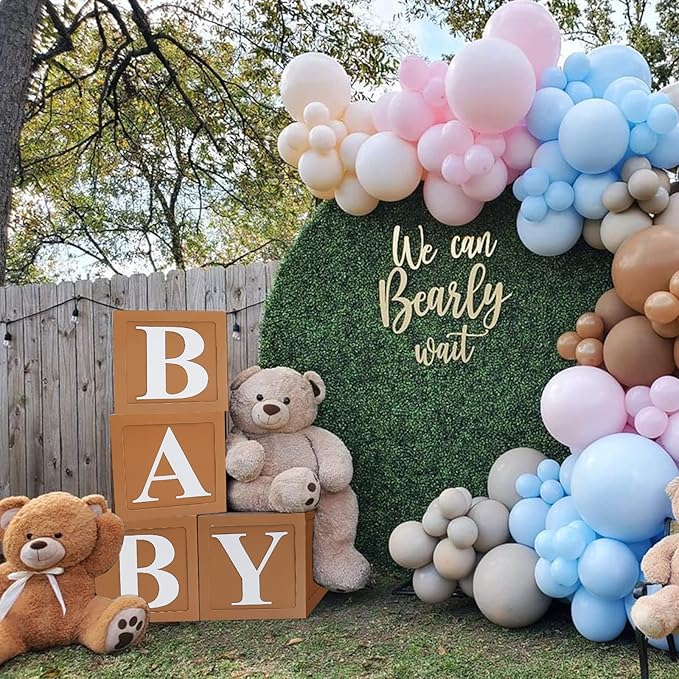 Teddy Bear Baby Shower Boxes Decorations, 4pcs Brown Baby Shower Blocks with Letters, Baby Shower Balloon Paper Boxes for Woodland Baby Shower Decor Boys Girls Gender Reveal Backdrop