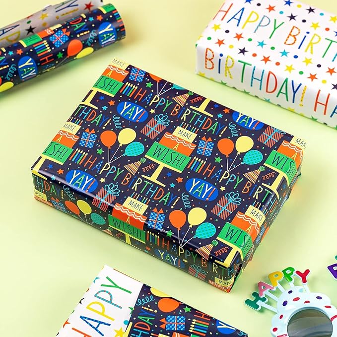 MAYPLUSS Reversible Birthday Wrapping Paper Mini Roll - 17In x 16.5Feet - Colorful Happy Birthday Lettering,Cake,Candle Pattern Kid Boys Party Gift Wrap Present Paper for Baby Shower, Holiday