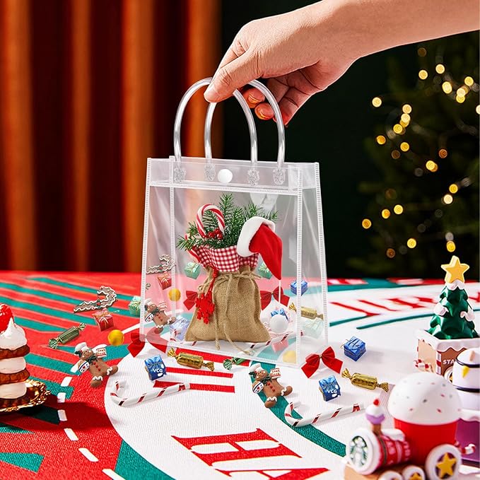 Okxiri 15 PCS Clear PVC Gift Bags with Handles,Small Reusable Plastic Party Favor Bags, Transparent Goodie Bags for Wedding,Baby Shower, Birthday (8.8" x 6.5" x 2.6")