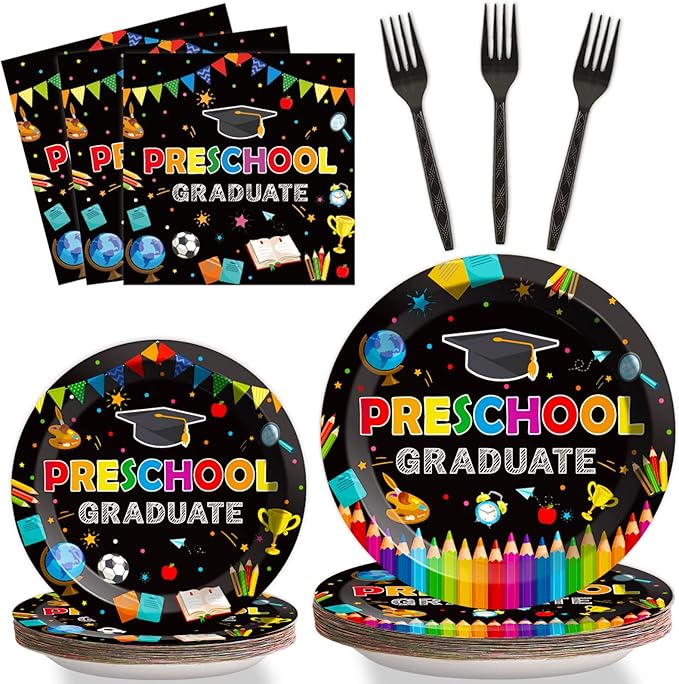 Preschool Graduation Party Supplies Pre-K Grad Tableware Set Kindergarten Graduation Plate Napkin Kindergarten Disposable Paper Dinnerware Kit for Graduate Party decoration Favor 24 Guest (Black)