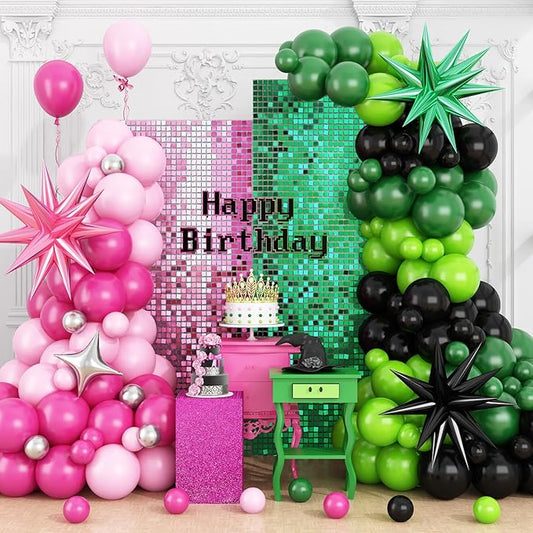 Pink Green Black Balloon Arch Kit with Star Foil Balloons, 155 PCS Witch Theme Party Balloon Garland for Girls Princess Witch Theme Birthday Party Backdrop Decorations Supplies