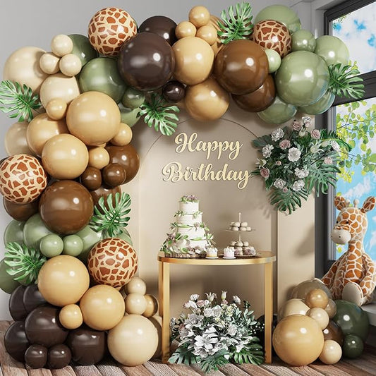 HILAVO Sage Green Brown Balloon Garland Kit Olive Green Gold Safari Balloons Arch Animal Print Balloons Woodland Camo Army Green Dark Brown Coffee Nude Balloon for Jungle Hunting Wild Birthday Decor