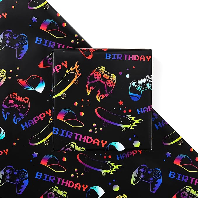 Titiweet Gaming Birthday Wrapping Paper for Boys Girls, 17 Inches x 33 Feet Black with Vibrant Game Controller, Skateboard & Cap Design Wrapping Paper for Game Lover