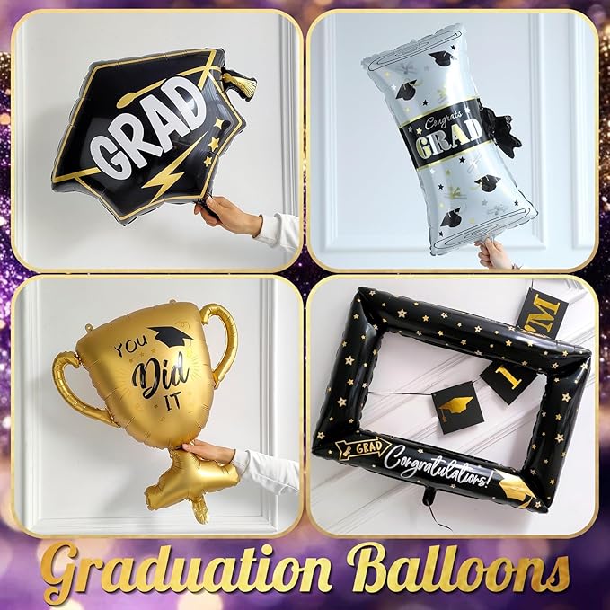 141Pcs Purple Gold Black Graduation Balloon Garland Arch Kit,with Explosion Star,Diploma,Trophy,Grad Hat,Photo Frame Foil Balloon for Congrats Class of 2026 Graduates Celebration Party Decoration