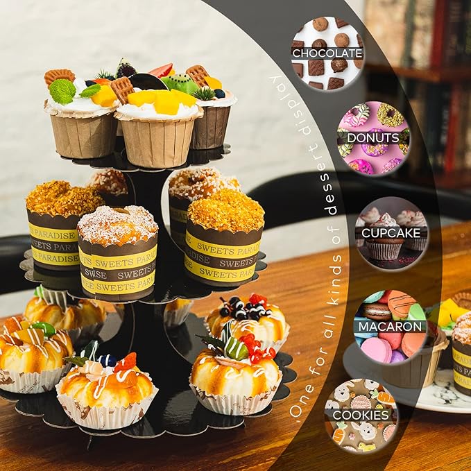 3-Tier Cupcake Stand Tower 2-Pack, Black Cardboard Dessert Display Holder for Weddings Birthdays Baby Showers Graduations, Easy Assembly Heart Handle - Perfect One-Time Events