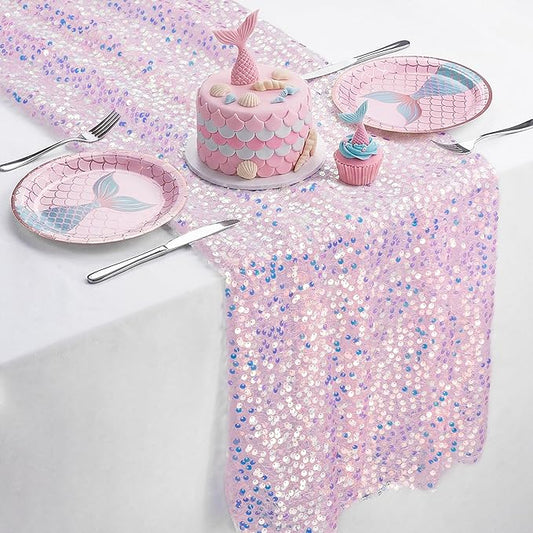 FEXIA Pink Sequin Table Runner 12x72 Inches, Sparkly Blush Table Runner for Wedding Party Shimmer Fabric Table Decoration for Bridal Shower Birthday Baby Shower Ocean Themed Party for Dining Room