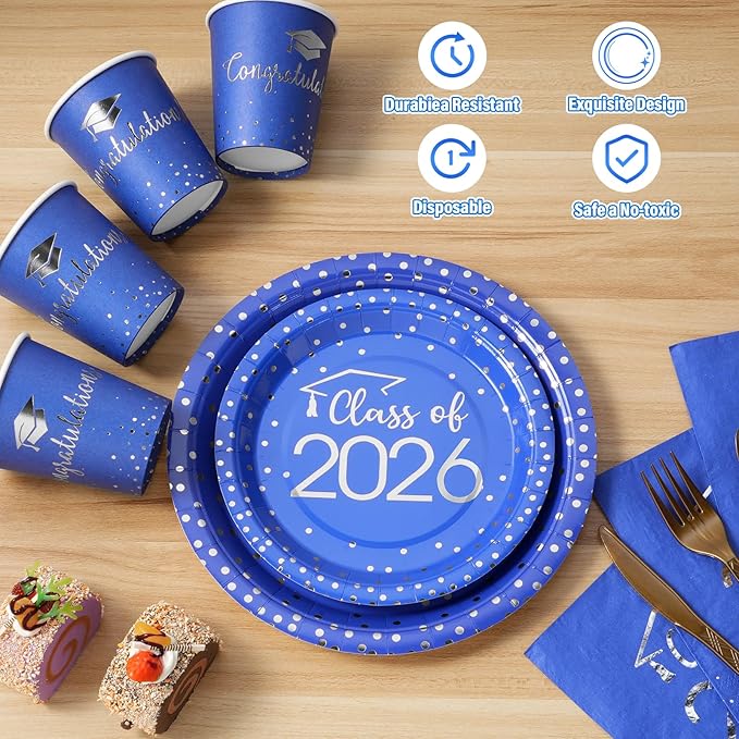 175pcs Class of 2026 Graduation Plates and Napkins Set, Disposable Paper Plate Set Polka Dots Napkins Cups Knife Fork Spoon for Graduation Party Decorations and Supplies,Serve 25 (Blue Silver)