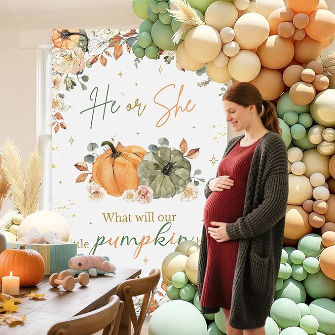AIBIIN 117Pcs Fall Pumpkin Gender Reveal Balloon Set He or She What Will Our Pumpkin Be Party Decorations Autumn Floral Boy or Girl Gender Reveal Theme Party Supplies