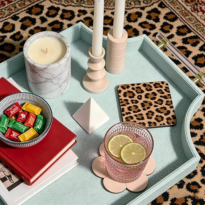 22.6'' × 13'' Coffee Table Tray Shagreen Decorative Tray for Ottoman Home Decor Serving Tray with Acrylic Gold Handles Modern Elegant Scalloped Large Ottoman Tray