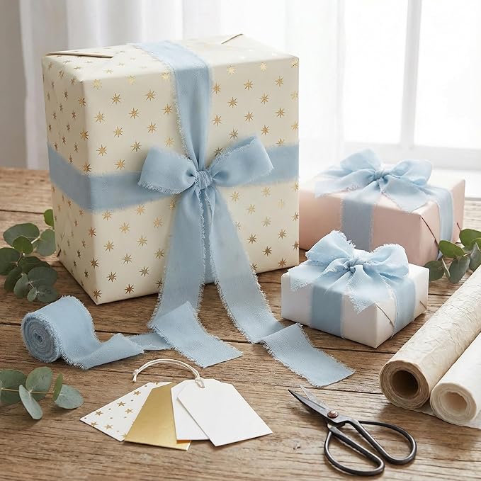 Handmade Chiffon Ribbon 1.5 Inch Wide, 3 Rolls 21 Yards — Sky Blue Frayed Edge Fabric Ribbon for Wedding Styling, Floral Tying, Gift Wrapping & Home Decor(Sky Blue)