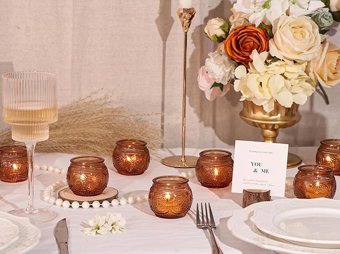 36 Pcs Amber Candle Holders Bulk- Floral Style Vintage Candle Holder for Rustic/Boho Wedding Table centerpieces, Bridal Shower, Baby Shower Decoration