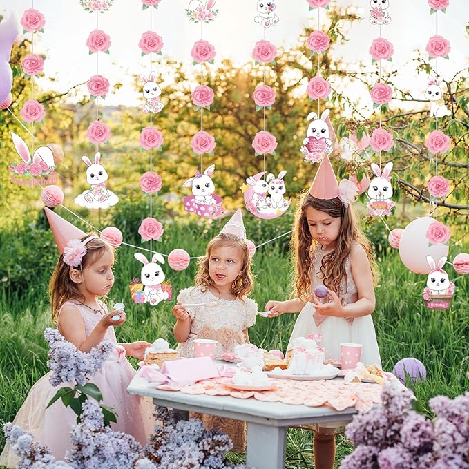 Daifunli 8 Pcs Bunny Birthday Party Decorations Some Bunny is One Birthday Hanging Garlands Banner Pink Rose White Rabbit Paper Cutouts Streamer for Girls Wall Ceiling Decor Rabbit Party Supplies