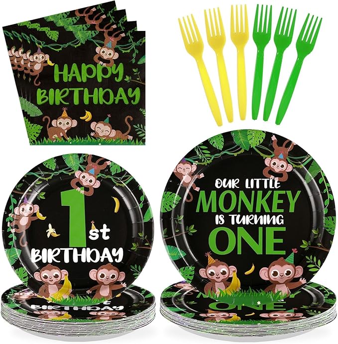 96Pcs Wild One Birthday Decorations Monkey One Years Old Plates and Napkins Safari Jungle 1st Tableware Set for Boys First 1st Safari Wild Jungle Animal Birthday Baby Shower Party Supplies Serves 24