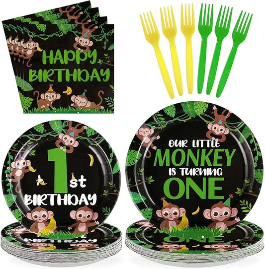 96Pcs Wild One Birthday Decorations Monkey One Years Old Plates and Napkins Safari Jungle 1st Tableware Set for Boys First 1st Safari Wild Jungle Animal Birthday Baby Shower Party Supplies Serves 24