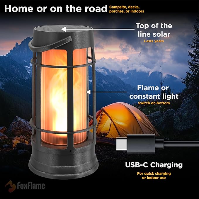 FoxFlame Upgraded Metal Outdoor Solar Lantern, Flickering Solar Lanterns Outdoor Waterproof with Patented LED, Outdoor Lanterns for Porch, Patio, Garden, Tabletop, Hanging Use, Matte Black (1 Pack)