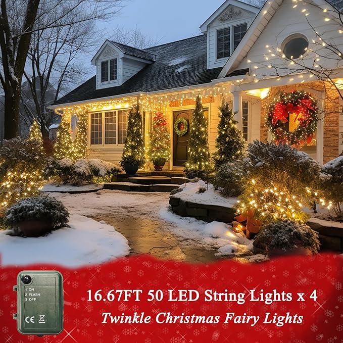 Pooqla Pink String Lights Battery Powered, 4 Pack Total 66.6 FT 200 LED Valentines Day String Lights Indoor Outdoor Decoration, Twinkle Fairy Light for Valentine's Day Decorations