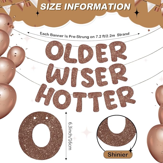 Fulmoon Set of 3 Pre Strung Older Wiser Hotter Glitter Banner Funny Birthday Banner for Women 30th 40th 50th 60th 70th 80th Birthday Party Decorations Sign Gift (Brown)