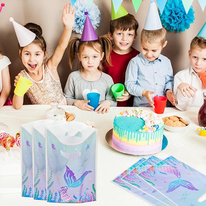 Agaommio 40PCS Mermaid Party Favor Bags Christmas Gift Bag Under the Sea Plastic Gift Bag Goodie Bags Mermaid Tail Treat Bag with Handles for Girls Kids Birthday Party Supplies 6.3"x 9.45"