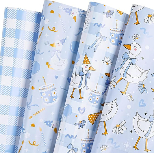 WRAPAHOLIC Silly Gooses Birthday Wrapping Paper Sheet - 8 Sheets Blue Party Goose Wrapping Paper Folded Flat for Boys Birthday, Baby Shower - 19.7 Inch x 27.5 Inch Per Sheet