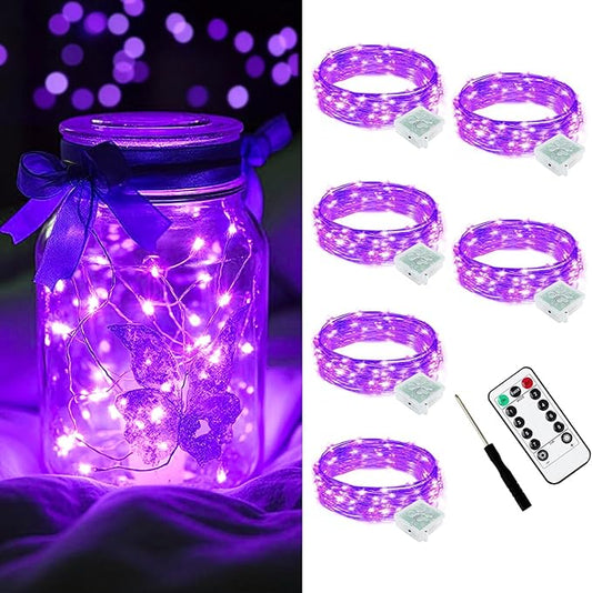 AIKEI 6 Pack LED Fairy Lights with Timer Battery Operated, Mini String Lights with Remote Waterproof 7ft 20 Led Firefly Starry Lighting for Wedding Party Bedroom Garden Christmas Decoration Purple