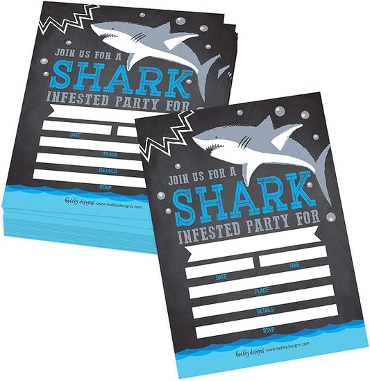 Hadley Designs Kids Birthday Invitations For Boys Shark Theme - 25 Shark Birthday Party Invitations For Boys, Sea Creature Invites For Boy, Cute Ocean Party Supplies, Made In USA