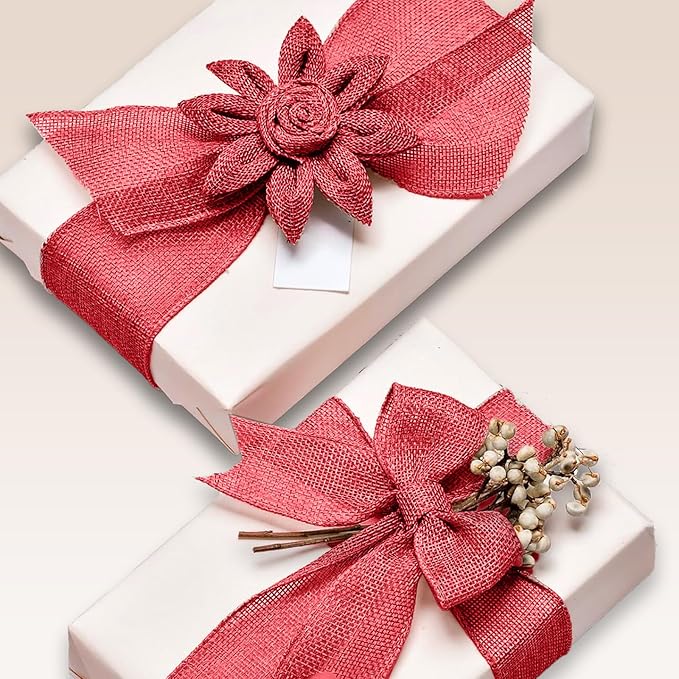 Red Burlap Ribbon 2 inch X 10 Yard Natural Burlap Woven Ribbons DIY Handmade Edging Production Wreath Holiday Decoration Gift Ribbon for Gift Wrapping Jute Linen Red Ribbons
