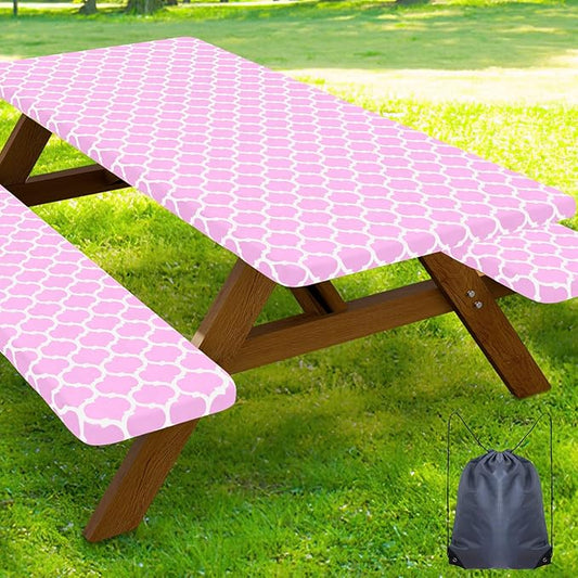Smiry Picnic Table Cover with Bench Covers, Waterproof Elastic Fitted Tablecloth for 6 Foot Tables, Washable Polyester Tablecloths for Camping, Indoor & Outdoor (Pink, 30x72 Inch 3-pc Set)