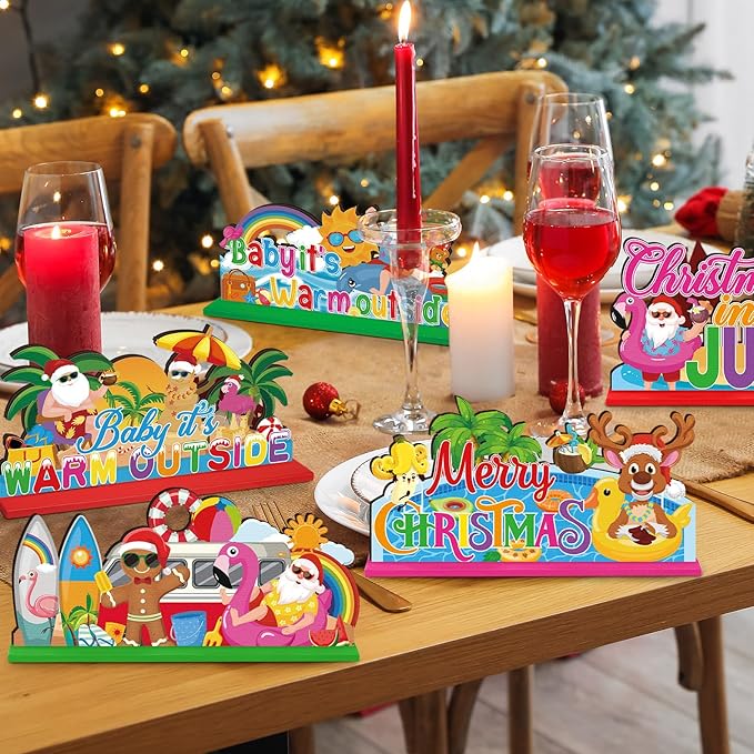 Suzile 6 Pcs Christmas in July Table Decoration July Summer Table Centerpieces Signs Santa Flamingo Palm Tree Theme Beach Party Decorations Home Table Desktop Favors Supplies (Christmas in July)