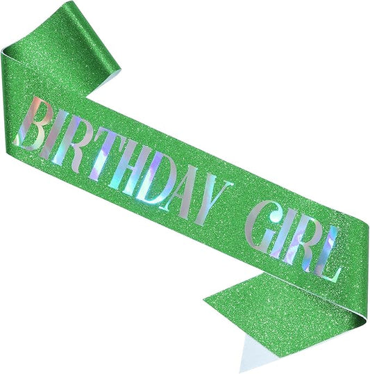 MGJSRNH Birthday Sash for Girl,Green Glitter Satin Multicolour Foil Sash,Women Birthday Party Gift,Queen Princess Party Decorations Supplies