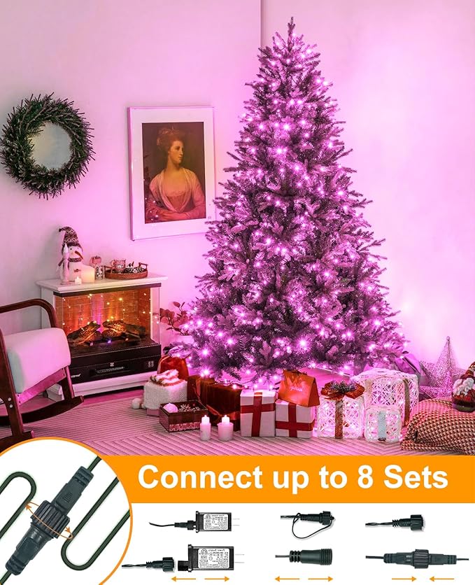 Pink Christmas String Lights, 40FT 120 LED Christmas Lights Outdoor Waterproof, 8 Modes Connectable Fairy Twinkle Lights for Outside House Garden Patio Party Holiday Decorations