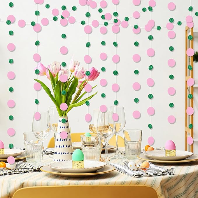Outus 10 Pieces Pink,Green Round Dots Garland Graduation Party Hanging Decor Each Length 13.1ft Glitter Paper Dot Streamers for Birthday Wedding Classroom Supplies