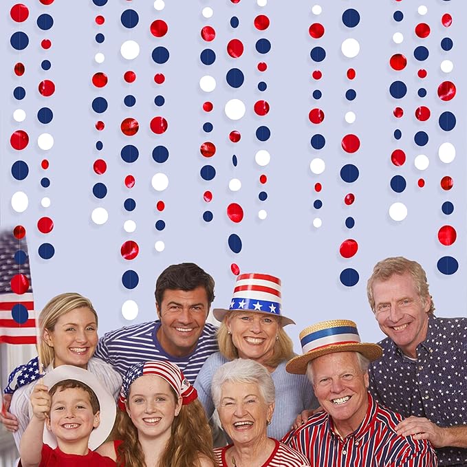 46 Ft Navy Blue Red White Circle Dots Garlands Royal Blue Red Hanging Paper Polka Dots Streamer for 4th of July American Independence Day USA National Day Patriotic Veterans Party Decorations Supplies