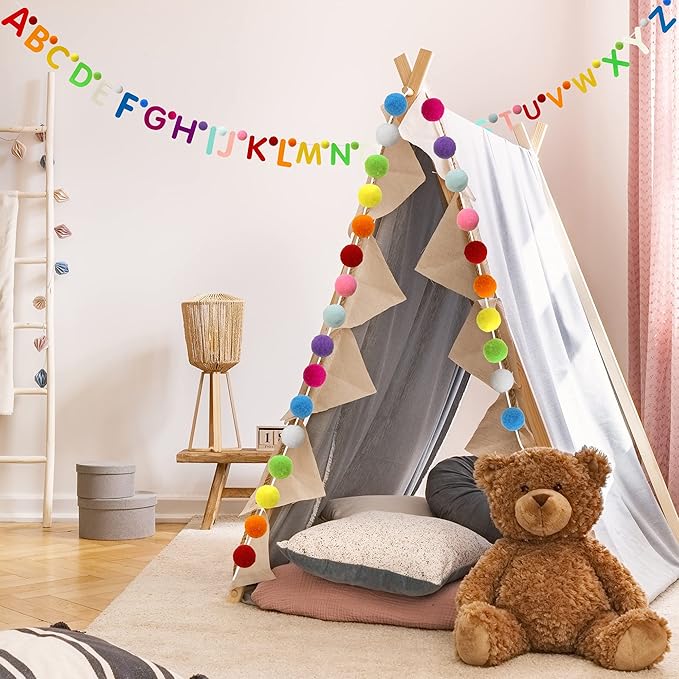 2 Pieces Alphabet Garland Rainbow ABC Wall Decor Colorful Pom Pom Garland 26 Balls Garlands for Classroom Party Home Decoration