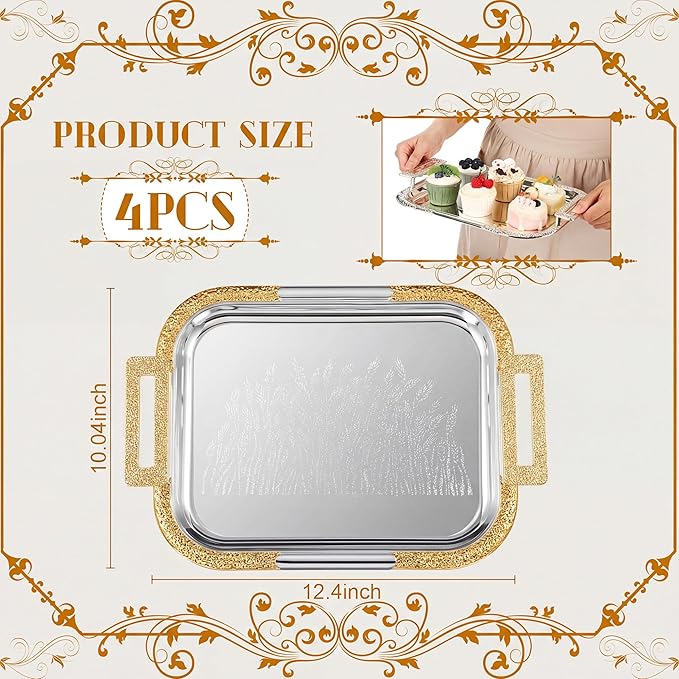4 Pcs Silver Serving Tray with Handles Elegant Victoria Floral Engraved Metal Platters Large Decorative Trays for Buffet,Wedding Party, Jewelry Display, Service (Modern,Slive and Gold)