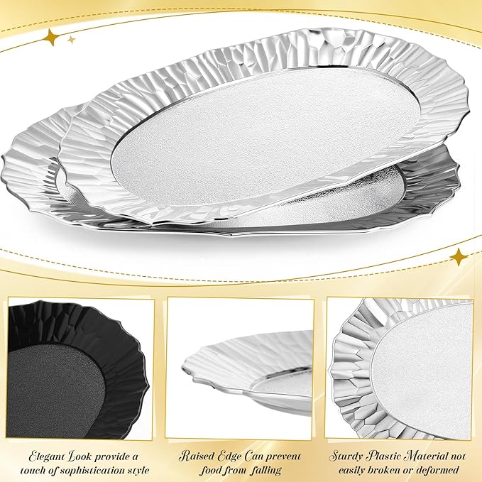 12 Pcs Sliver Plastic Serving Tray Bulk, 14.5" x 8.6" Rectangle Silver Party Platters Reusable Decorative Dessert Table Serving Tray for Graduation Wedding Birthday Party Cupcake Decoration