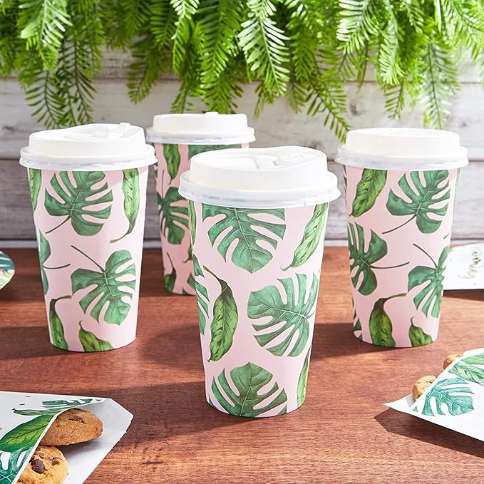 BLUE PANDA Disposable Coffee Cups with Lids - 16 Oz, 48 Count, Tropical Green Leaf Design - Paper Cups to Go for Parties & Travel - Leak Proof & Compostable