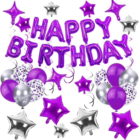 56 PCS Happy Birthday Balloons Happy Birthday Banner Purple and Silver Balloons for Boys Men Girls Women 16th 18th 20th 21st 25th 30th 40th 50th 60th Birthday Party Decorations