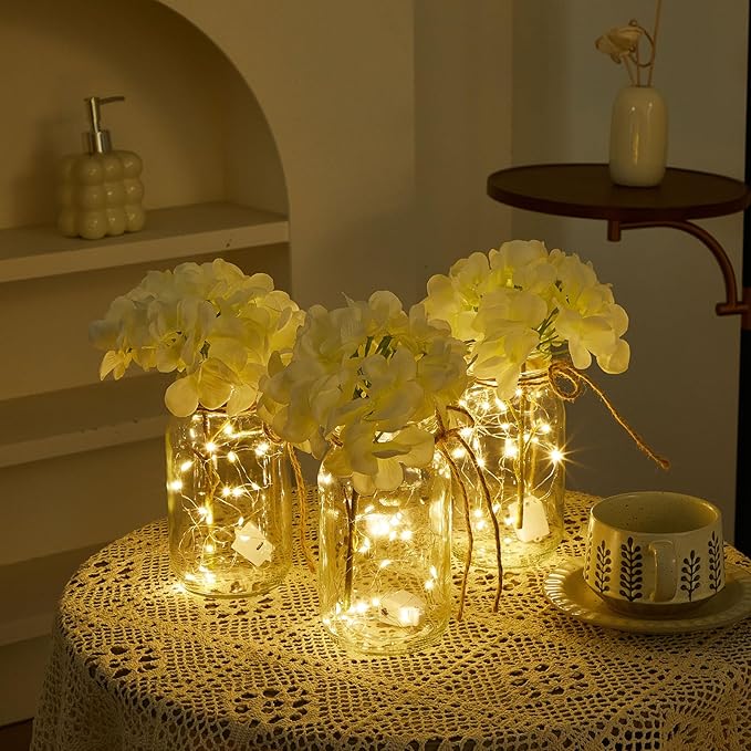 4 Sets Mason Jar Centerpiece with LED Lights and White Hydrangea Fake Flowers Vase for Wedding Bridal Shower Party Coffee Table Decor