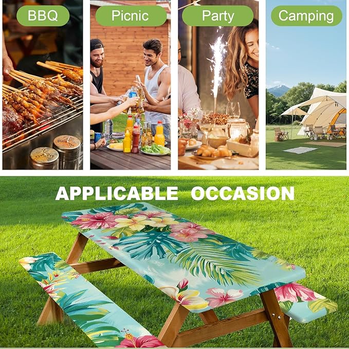 ANNA QUEEN Summer Flowers Picnic Table Cover 6FT with Bench Covers Picnic Table Cover Set 3PCS 72"x30", Outdoor Bench and Tablecloth Furniture Protection
