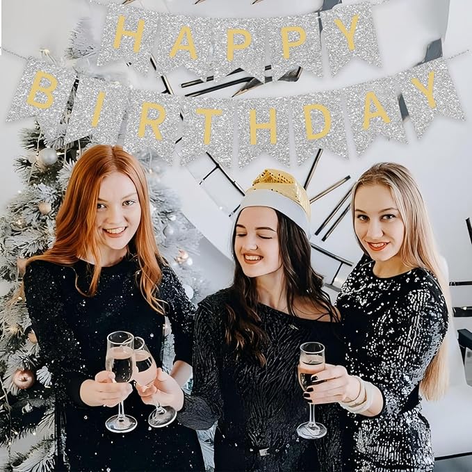 Silver Happy Birthday Banner - 16 ft Pre-Strung Gold & Silver Birthday Party Decorations Sign for Girls, Boys, Kids, Women - No DIY Hanging Backdrop for Indoor & Outdoor Celebrations