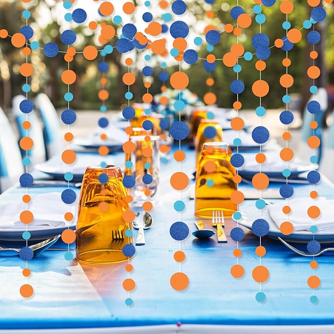 Outus 5 Pieces Orange,Blue Round Dots Garland Graduation Party Hanging Decor Each Length 13.1ft Glitter Paper Dot Streamers for Birthday Wedding Classroom Supplies