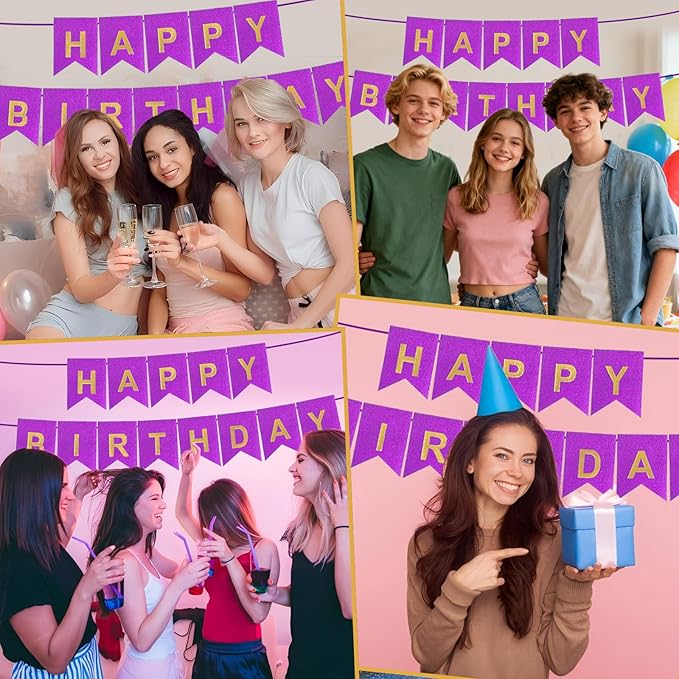 Purple Happy Birthday Banner - 16 ft Pre-Strung Gold Purple Birthday Party Decorations Sign for Girls, Boys, Kids, Women - No DIY Hanging Backdrop for Indoor & Outdoor Celebrations