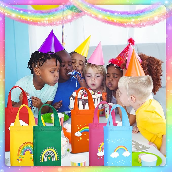 Ferraycle 24 Pcs Rainbow Party Reusable Non Woven Gift Bags Rainbow Goody Treat Bags Mini Tote Bag with Handles Birthday Supplies for Kids Party Favors, 9.8 x 7.8 Inch