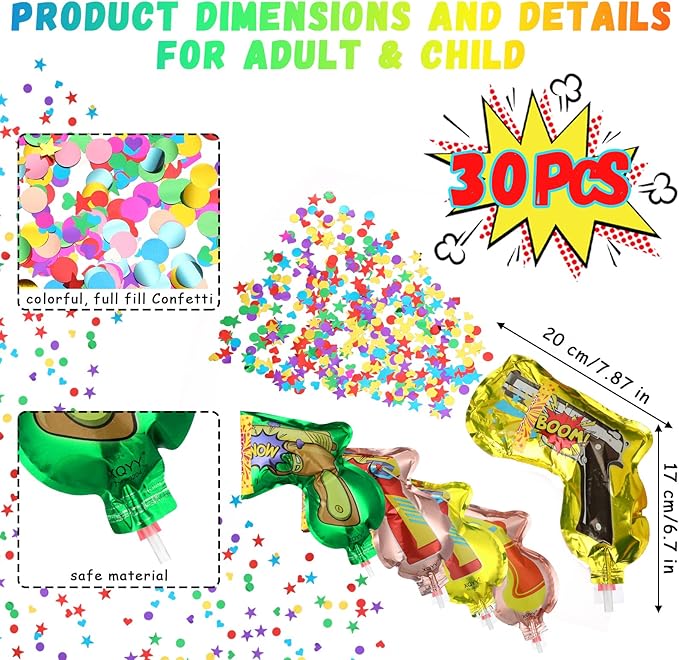 Hungdao 30 Pcs Fireworks Guns Handheld Confetti Poppers Happy New Year Wedding Birthday Graduation Baby Shower Anniversary Multicolor Inflatable Fireworks Gun Confetti Shooter for Party Supplies
